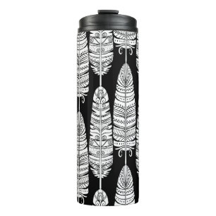 Feathers boho: black and white pattern thermal tumbler