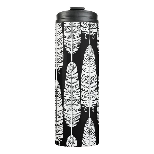 Feathers boho: black and white pattern thermal tumbler (Front)