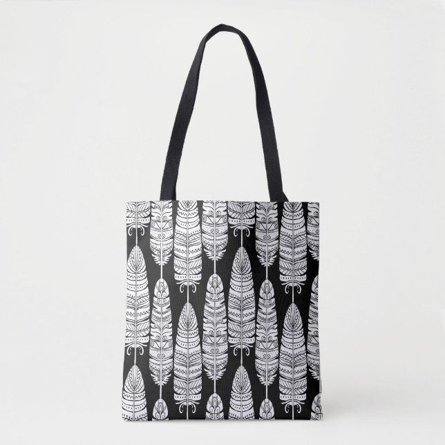 Feathers boho: black and white pattern tote bag (Front)