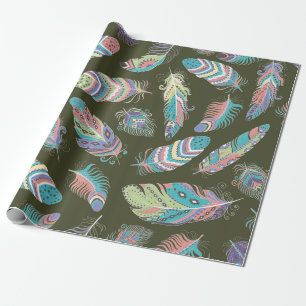 Feathers Boho Seamless Pattern. Tribal Ethnic Back Wrapping Paper