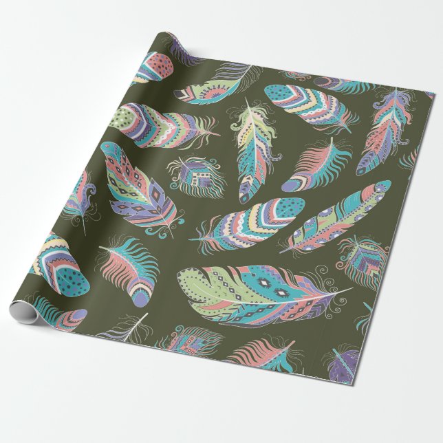 Feathers Boho Seamless Pattern. Tribal Ethnic Back Wrapping Paper (Unrolled)