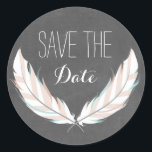 Feathers   Chalkboard Save The Date Sticker<br><div class="desc">A save the date sticker featuring an illustration of a pair of feathers. Background is chalkboard inspired.</div>