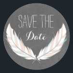Feathers   Chalkboard Save The Date Sticker<br><div class="desc">A save the date sticker featuring an illustration of a pair of feathers. Background is chalkboard inspired.</div>