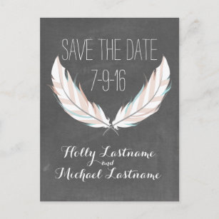 Feathers + Chalkboard Wedding Save The Date Announcement Postcard