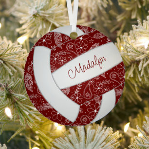 feathers doodle pattern maroon white volleyball metal tree decoration