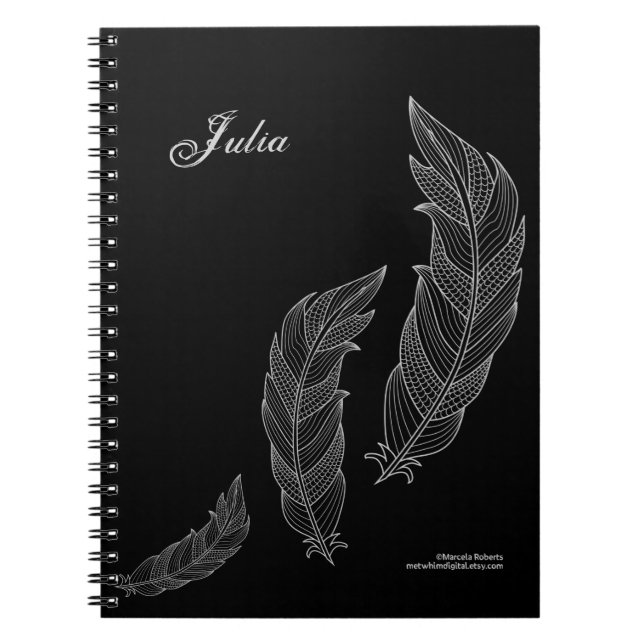 Feathers Fall Art Outline Grey Black Name Template Spiral Notebook (Front)
