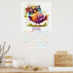 Feathers & Flowers: 2026 Owl Calendar Poster