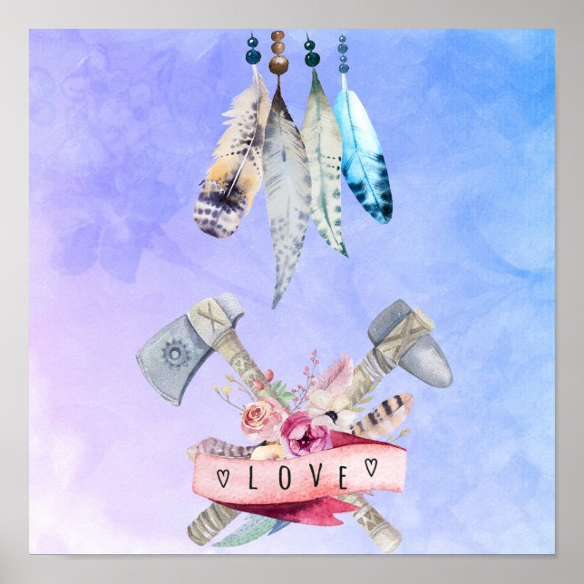 Feathers Flowers and Love Watercolor Design Poster (Front)