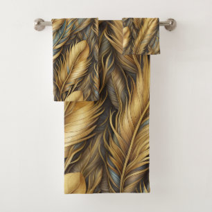 Feathers Golden Silver Art Bath Towel Set
