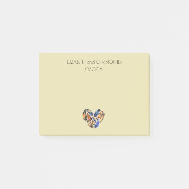 Feathers In A Heart Shape Personalised Wedding Post-it Notes (Front)
