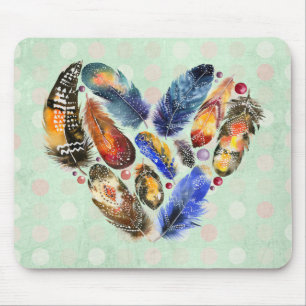 Feathers In A Heart Shape Watercolor Design Mouse Pad