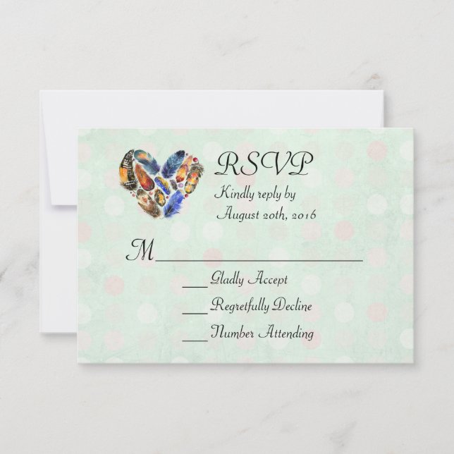 Feathers In A Heart Shape Watercolor Design RSVP Card (Front)