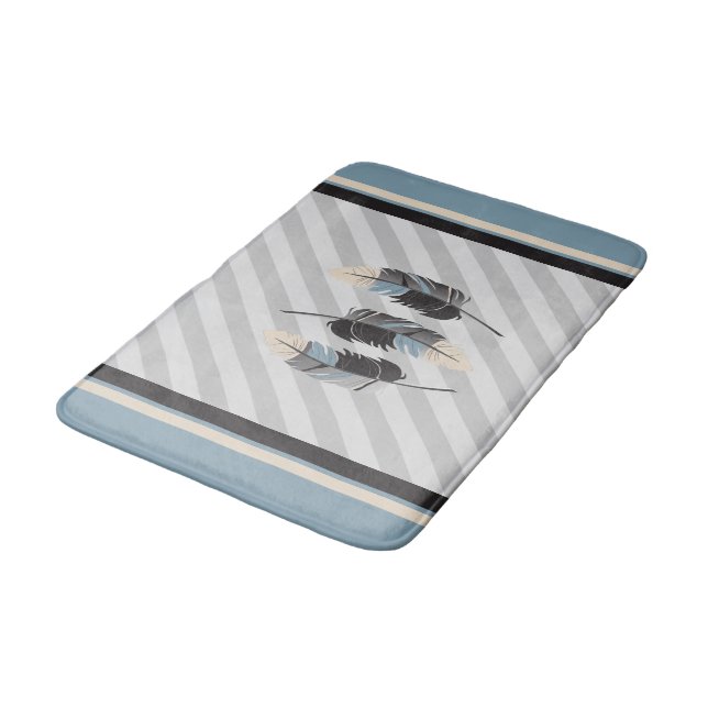 Feathers in Cream, Grey and Blue Bath Mat (Angled)