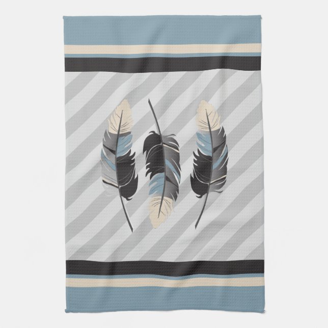 Feathers in Cream, Grey and Blue Tea Towel (Vertical)
