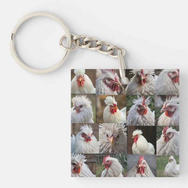 "Feathers in Focus: A White Chicken's Portrait" Key Ring (Front)