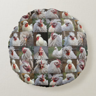 "Feathers in Focus: A White Chicken's Portrait" Round Cushion