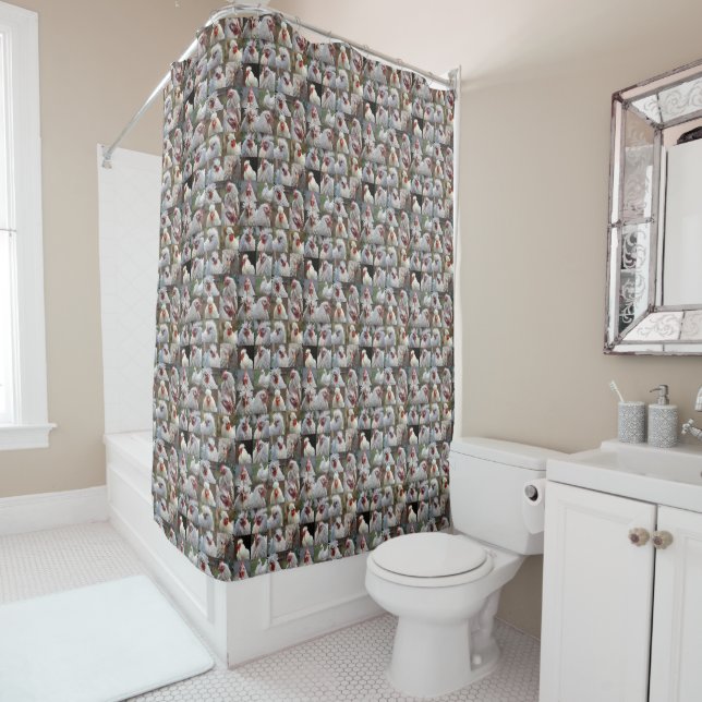 "Feathers in Focus: A White Chicken's Portrait" Shower Curtain (In Situ)