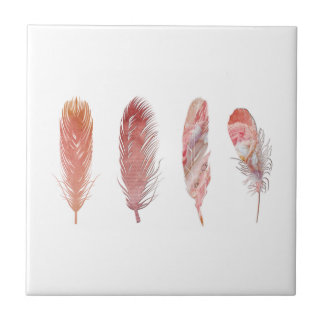 Feathers in pink and coral on a white backdrop tile