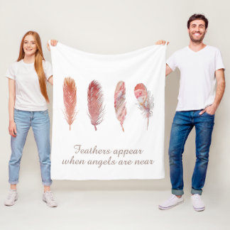 Feathers in pink and coral on white angel quote fleece blanket