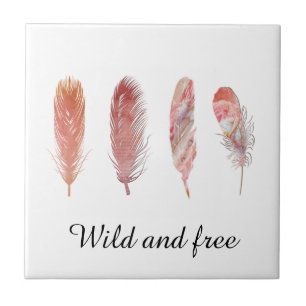 Feathers in pink and coral on white wild and free tile
