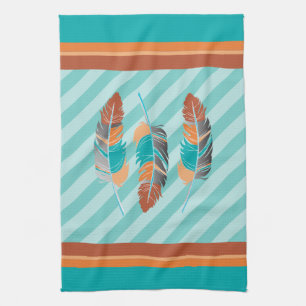 Feathers in Teal Stripes and Desert Colour Tea Towel