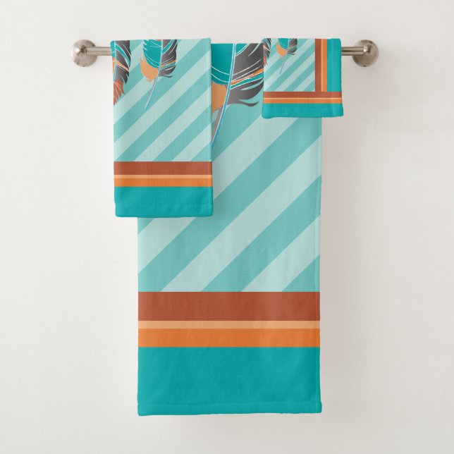 Feathers in Teal Stripes and Desert Colours. Bath Towel Set (Insitu)