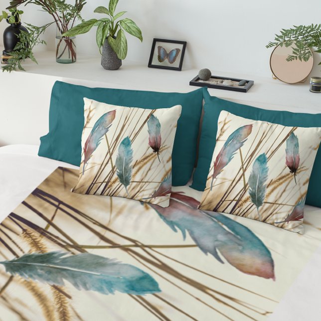Feathers in watercolor on dried grass background  cushion (Creator Uploaded)