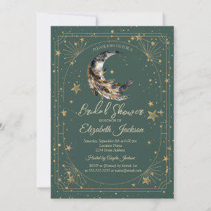 Feathers Moon Stars Frame Green Bridal Shower Invitation