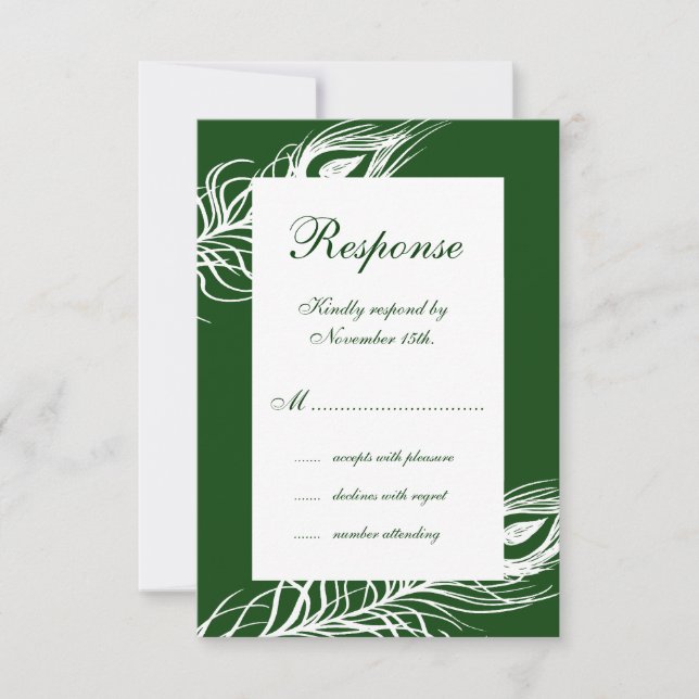 Feathers on Emerald Green RSVP Card (Front)