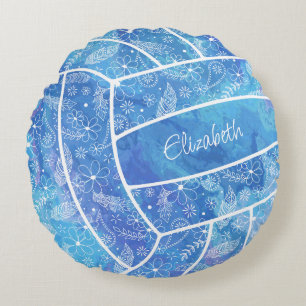 feathers paislies boho pattern blue volleyball round cushion