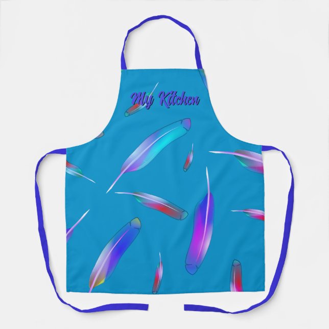 Feathers pink purple yellow, blue base apron (Front)