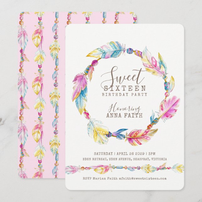 Feathers pink watercolor sweet sixteen invitations (Front/Back)
