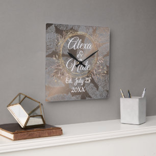 Feathers Rose Blush Floral Wreath Wedding Custom Square Wall Clock