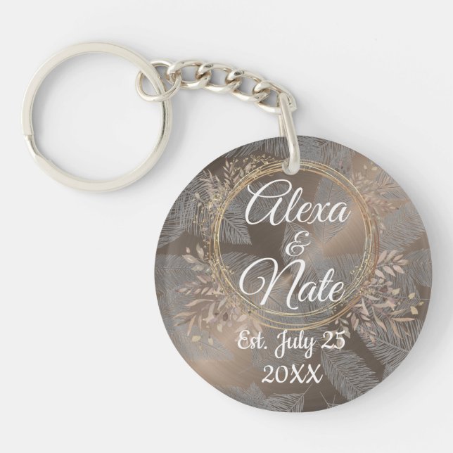 Feathers Rose Blush Floral Wreath Wedding Key Ring (Front)