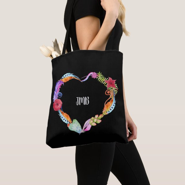 Feathers & Succulents Heart Monogram Tote Bag (Close Up)