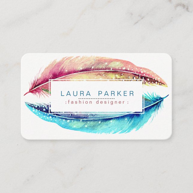 Feathers Watercolor Boho Bird Girly Modern Business Card (Front)