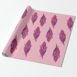 Feathers Watercolor Red Pink Wrapping Paper