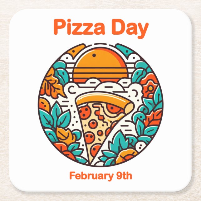 Feb 9th - Pizza Day Square Paper Coaster (Front)