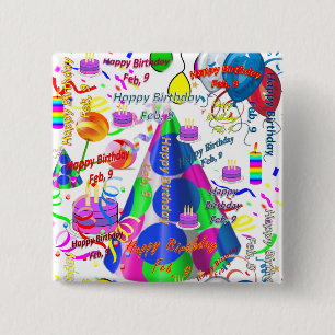 February, 9 Birthday Square Button