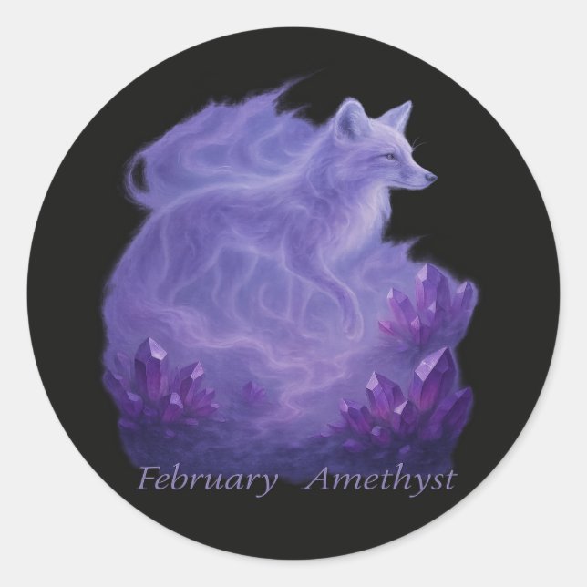 February Amethyst – Mystical Fox & Crystal Classic Round Sticker (Front)