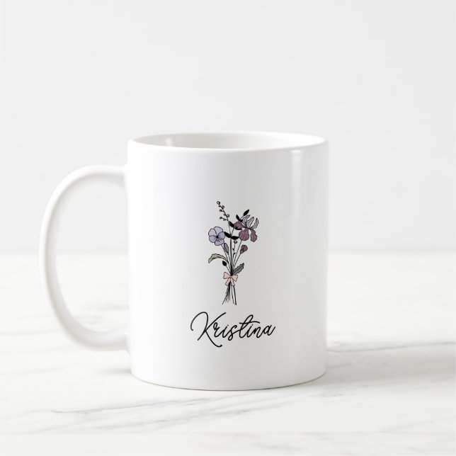 February Birth Flower & Elegant Script Name Coffee Mug (Left)