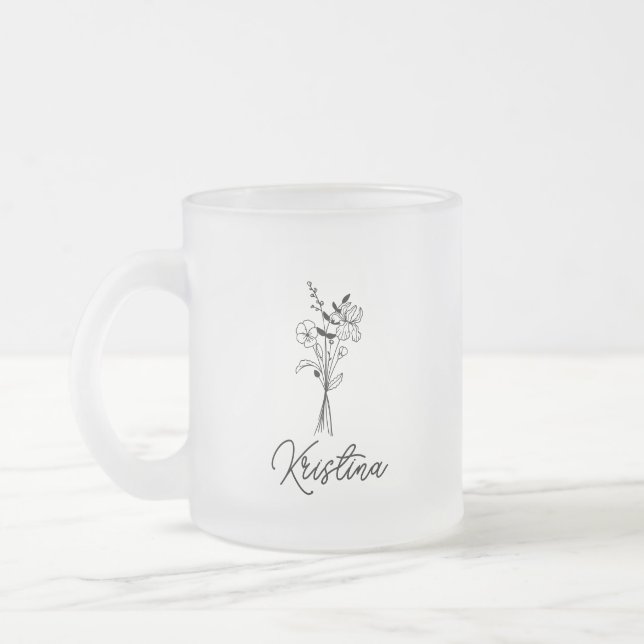February Birth Flower & Elegant Script Name Frosted Glass Coffee Mug (Left)