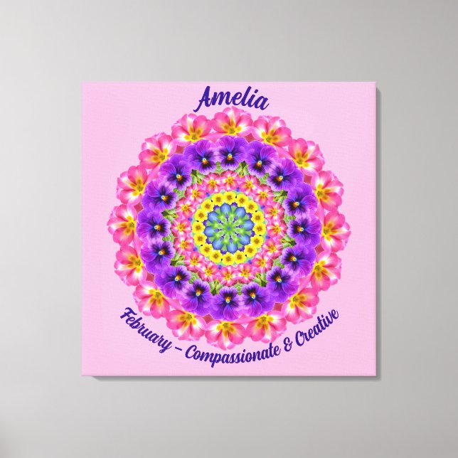 February Birth Flower Personalised Mandala Zen Art Canvas Print (Front)