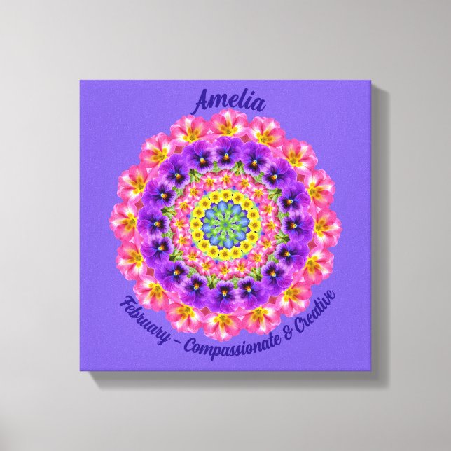 February Birth Flower Personalised Mandala Zen Art Canvas Print (Front)