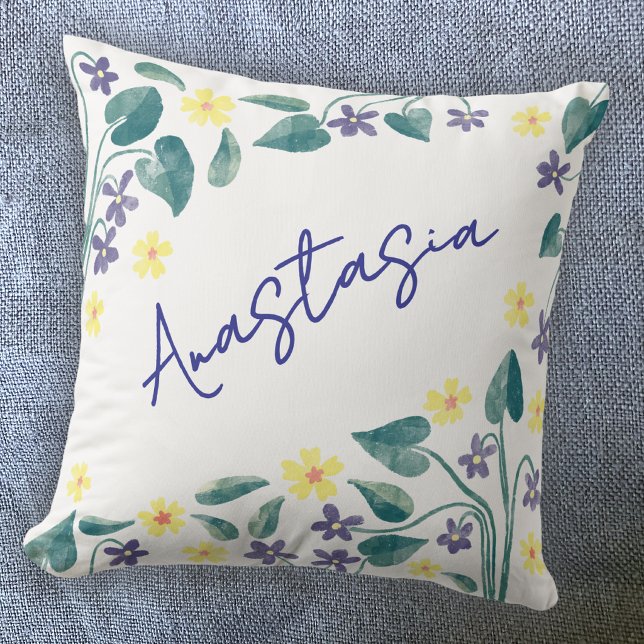February Birth Month Violet Primrose Personalised Cushion (February birth month flower personalized script name watercolor violet primrose art throw pillow)
