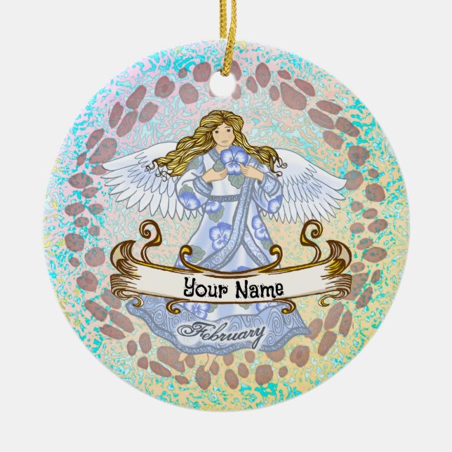 February Birthday Angel Ceramic Tree Decoration (Front)