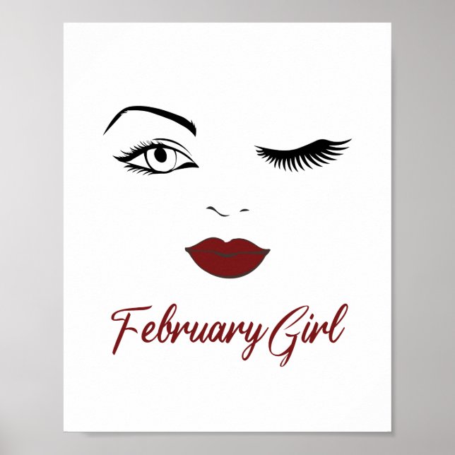 February Girl Eyes Cute Red Lips Wink Birthday Poster (Front)