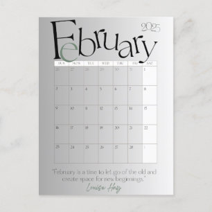 February Grey Modern Monthly Calendar 2025 Postcard