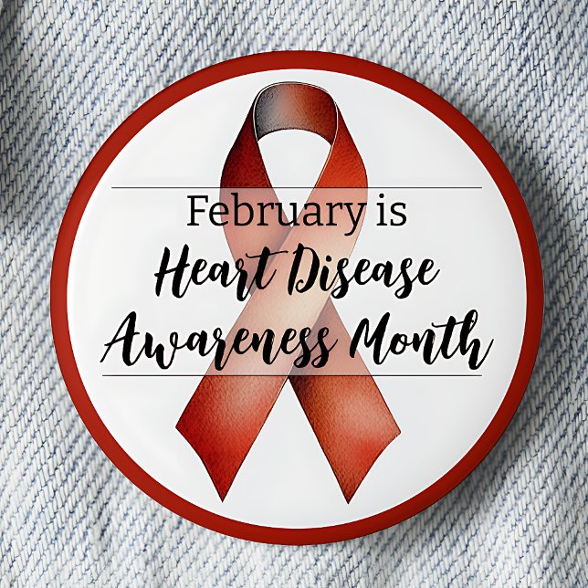 February Heart Disease Awareness Month Ribbon 6 Cm Round Badge (February is Heart Disease Awareness Month pinback button.  Red awareness ribbon.)