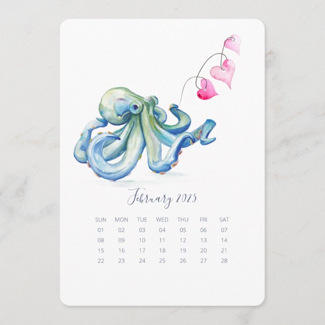 February Stand Alone Calendar Blue Octopus Menu (Front)